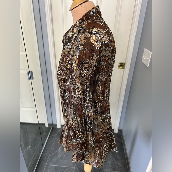 Vtg New York City Design Co Brown Floral Paisley Crinkle Retro Button Up Blouse - Picture 6 of 8
